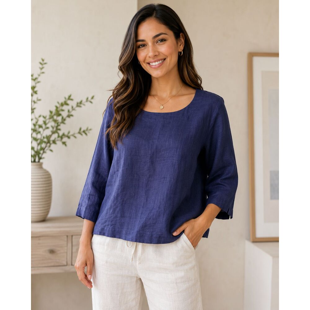 Martha Stewart Collection 100% Linen Blue 3/4 Sleeve Blouse Size M Coastal #V